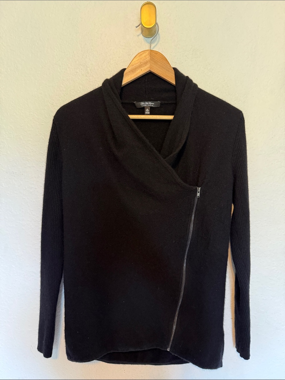 Saks Fifth Avenue Black Cashmere Zip Up Long Sleeve Cowl Neck Cardigan Sweater S
